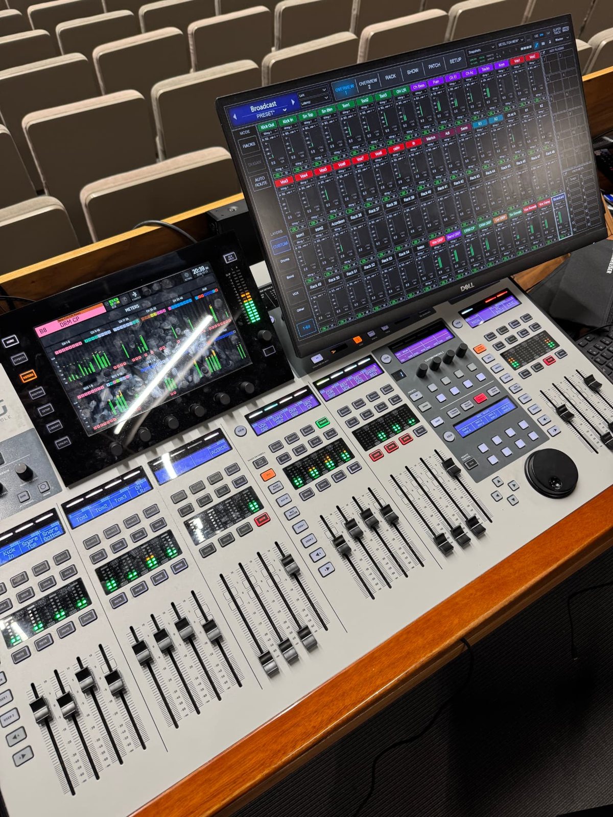 Behringer WING console with an extra screen showing every channel meter